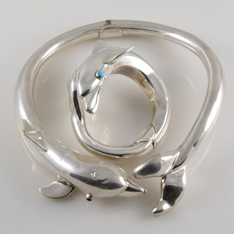 Dolphins Necklace & Bracelet Set Mexican Sterling Silver
