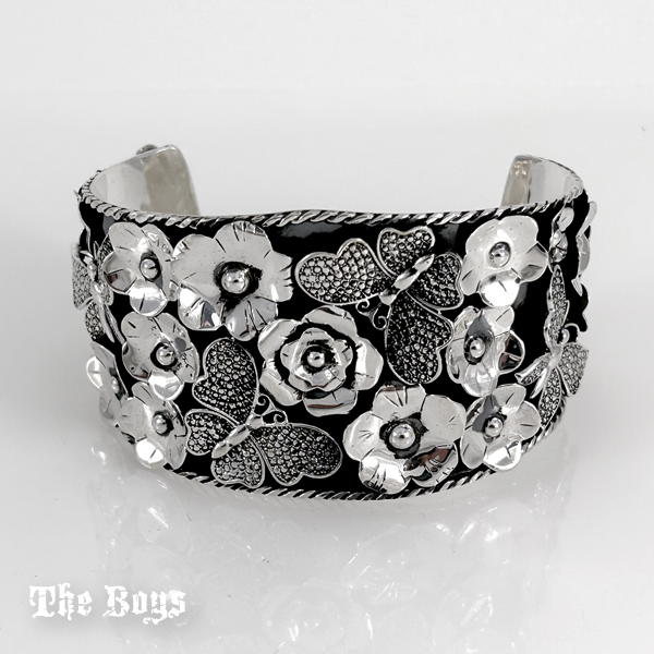 Flowers & Butterfly Oxidized and Plain Bracelet Mexican Sterling Silver