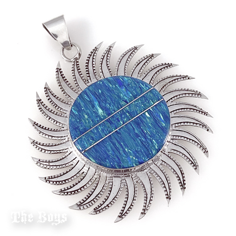 Plain & Opal Stone Sun Pendant Mexican Sterling Silver