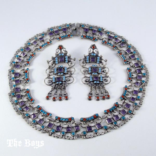 Set Baroque Style & Earrings Mexican Sterling Silver Filigree - Set