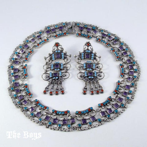 Set Baroque Style & Earrings Mexican Sterling Silver Filigree - Set