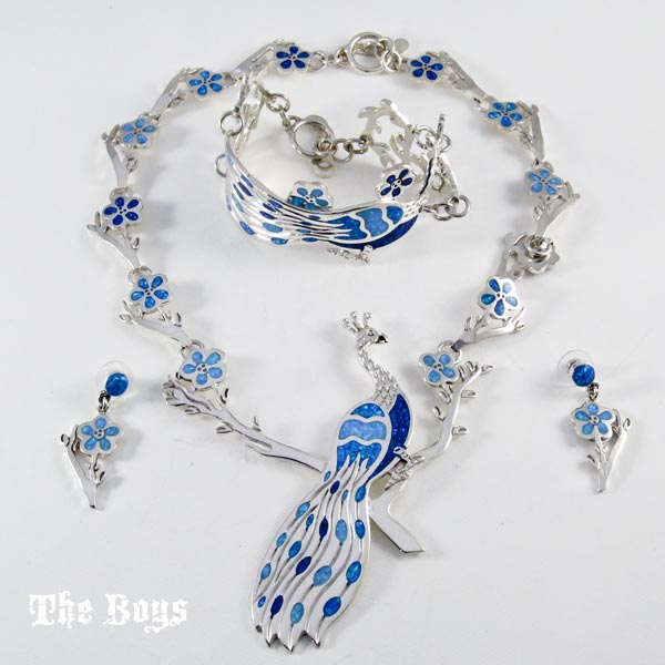 Peacock Set Earrings, Bracelet and Necklace Mexican Sterling Silver - Set