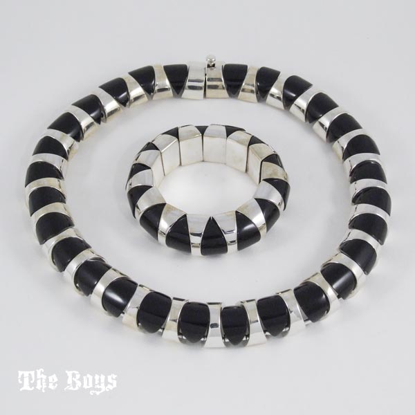 Onyx Set Bracelet and Necklace Mexican Sterling Silver - Set