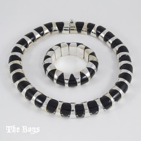 Onyx Set Bracelet and Necklace Mexican Sterling Silver - Set