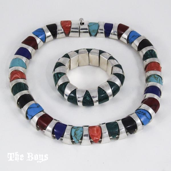 Multi Stone Set Bracelet and Necklace Mexican Sterling Silver - Set