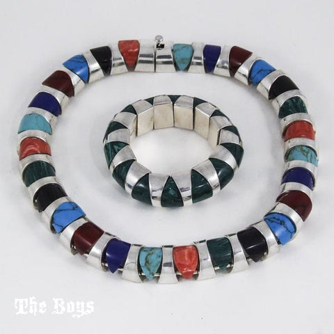 Multi Stone Set Bracelet and Necklace Mexican Sterling Silver - Set