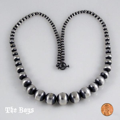 Oxidized Beads Long Necklace Mexican Sterling Silver